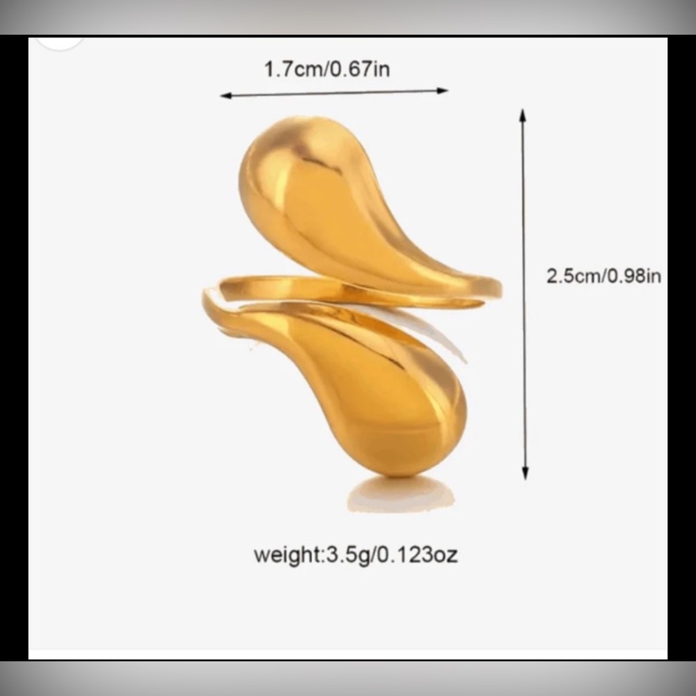 NEW Women’s Gold PVD Coated Adjustable Teardrop Open Ring Tarnish Resistant - Picture 2 of 3